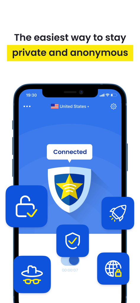 Star VPN - Super Fast Proxy - Star VPN app interface on iPhone showing a secure connection to a United States server