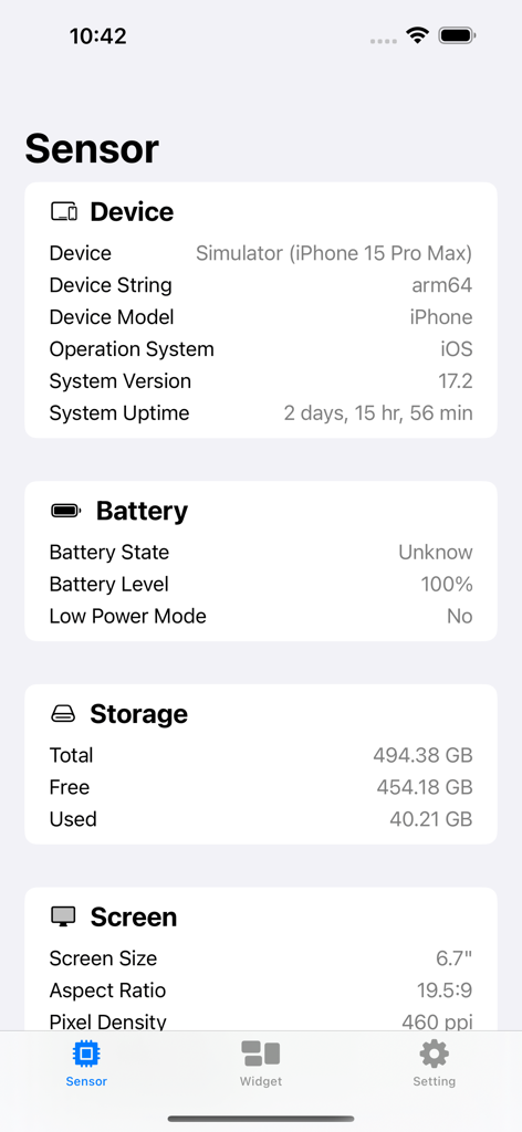 Tableau de bord de l'application Sensor affichant les informations système de l'iPhone, y compris le niveau de batterie et l'état du stockage