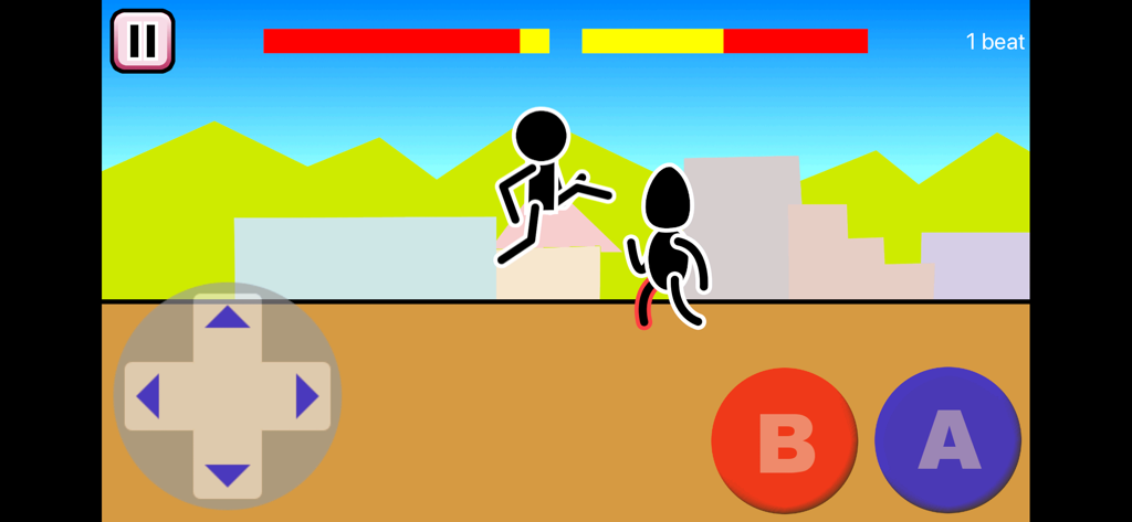 Gameplay of Mokken fighting game featuring two stickman characters in a battle with on screen controls