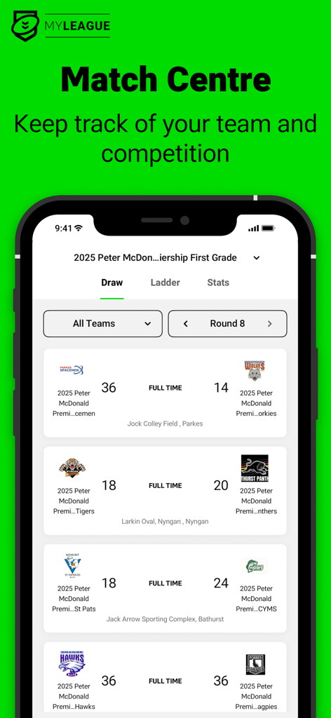 La pantalla del Centro de Partidos de la aplicación MyLeague que muestra los resultados y horarios de los partidos de rugby league.