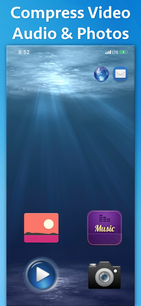 Video-Photo-Audio Compressor - Interfaz principal de la aplicación Compresor de Video Foto Audio con iconos para seleccionar y comprimir archivos multimedia
