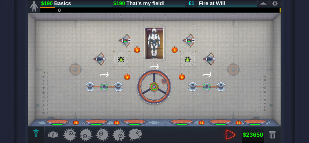 Happy Room - Happy Room gameplay showing a robot in a laboratory testing chamber surrounded by traps like circular saws and bows