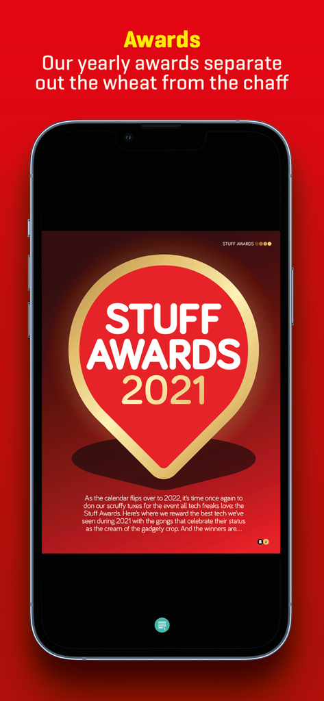Screenshot of the Stuff Magazine app showing the annual tech awards screen with the Stuff Awards 2021 logo.