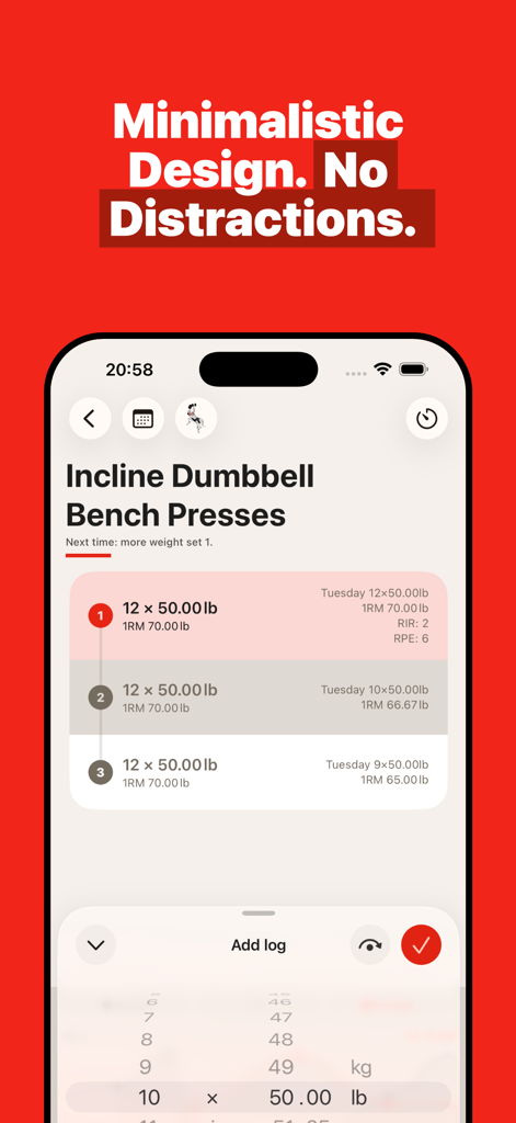 Minimalist interface of GymBook app showing workout tracking for incline dumbbell bench press with sets weight and reps