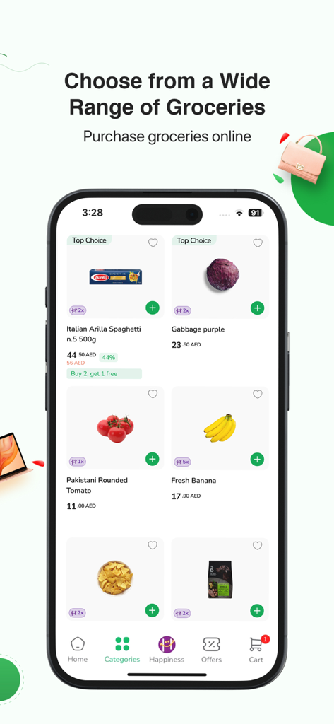LuLu Online app screen displaying grocery categories like spaghetti and fresh vegetables with prices