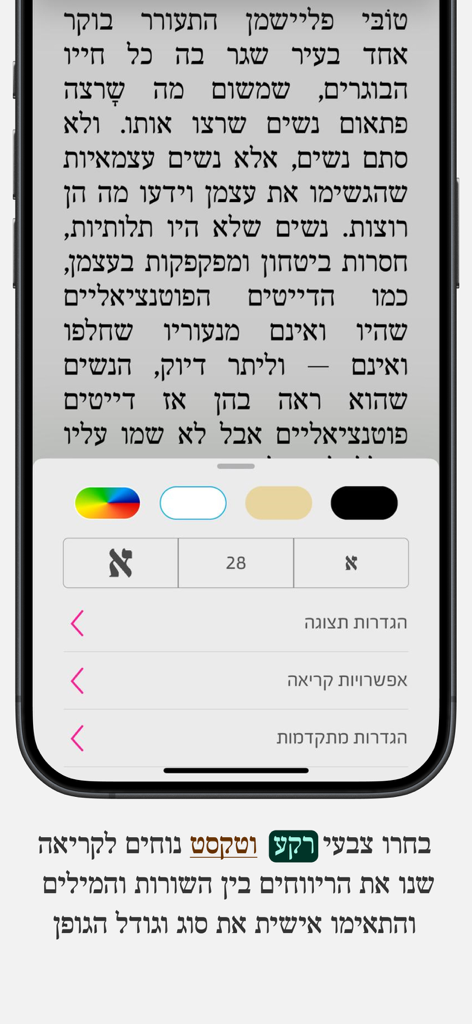 עברית - Interface do aplicativo Ivrit para personalizar as configurações de leitura de e-books, incluindo tamanho da fonte e cor de fundo