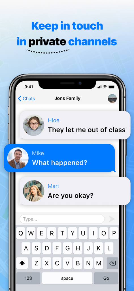 RealLoc: Find Friends & Family - グループメンバーからのメッセージを表示するRealLocプライベート家族チャット画面。