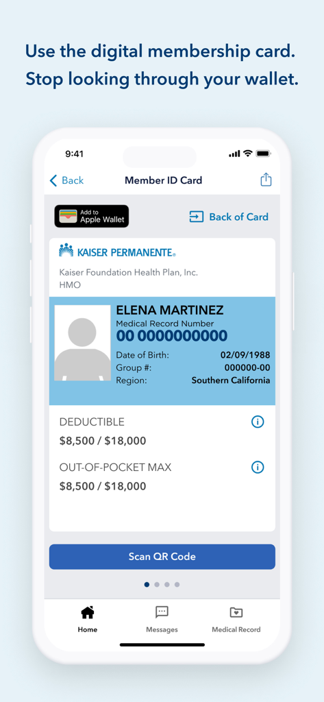 Kaiser Permanente - A mobile screen showing the Kaiser Permanente digital member ID card with medical record number and deductible details.