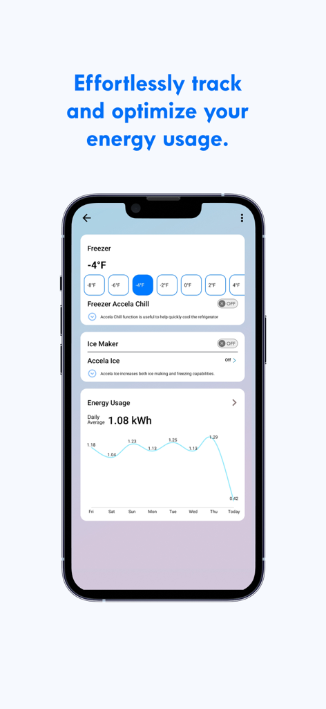 Kenmore Smart - Kenmore Smart app screen showing freezer temperature settings and daily energy usage graph.