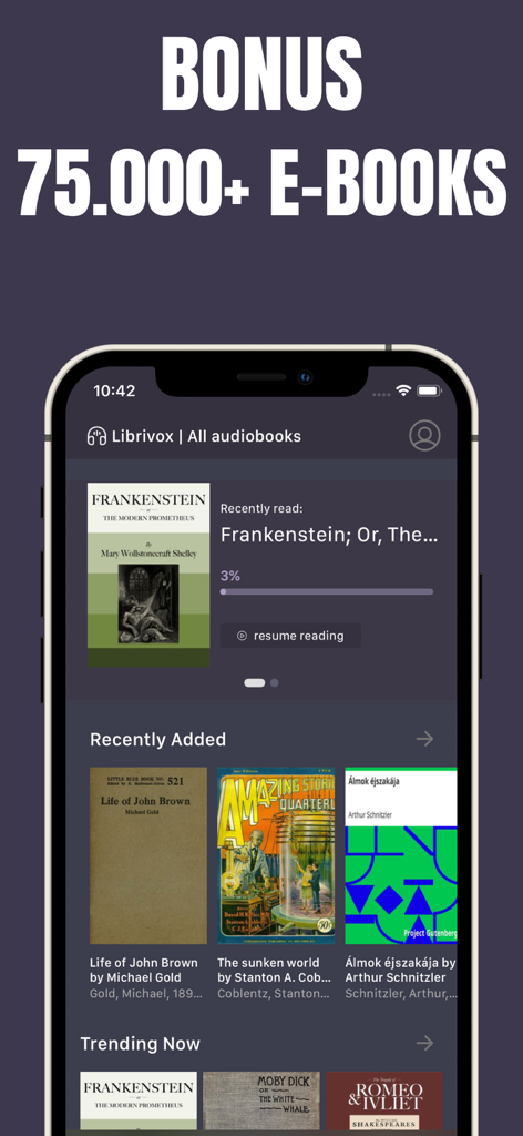 Mobile app interface showing a library of classic ebooks and audiobooks like Frankenstein and Moby Dick.