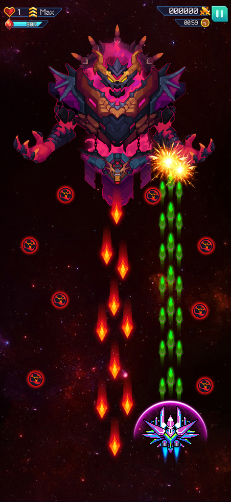Galaxiga: Classic Arcade Game - Gameplay screenshot of Galaxiga showing a player starship firing green lasers at a massive red demonic boss in space.