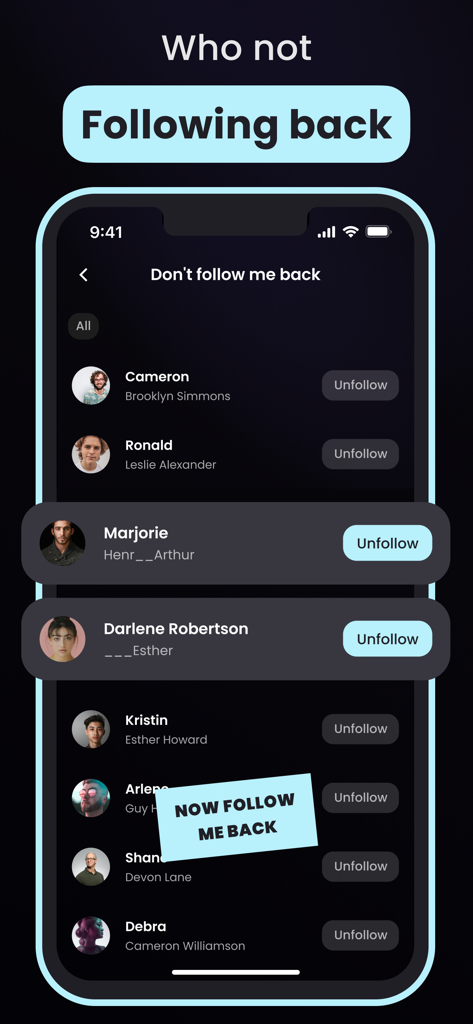 Interface of the Followers and Unfollowers Report app showing a list of users who do not follow back with an option to unfollow them.