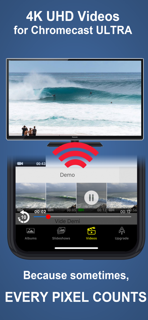 Photo Video Cast to Chromecast - An iPhone casting high quality 4K UHD video of a surfer to a television screen using Chromecast