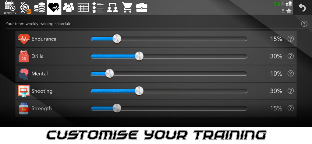 농구 슈퍼스타의 주간 훈련 일정 맞춤 설정 화면, 지구력 훈련, 정신력, 슈팅, 근력 슬라이더 포함