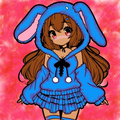 pretty anime girl wearing a fluffy hoodie with bunny ears on the hood and a skirt