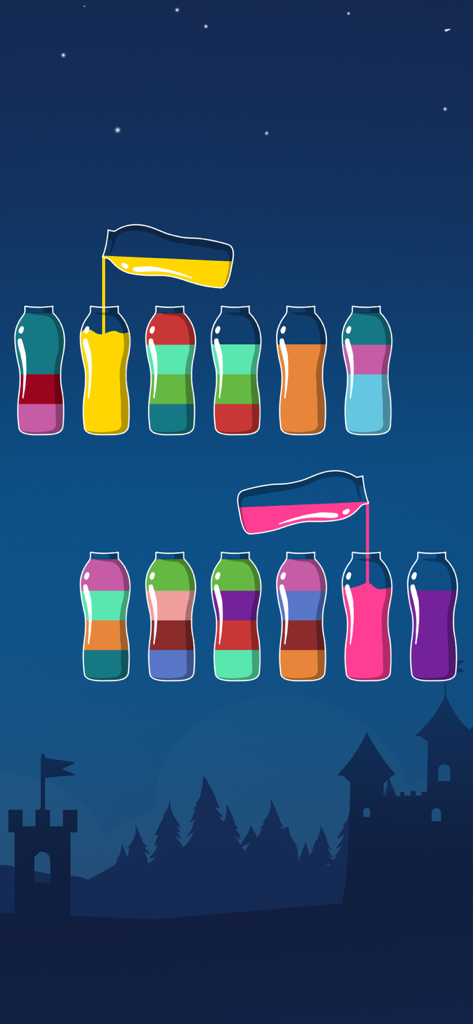 Water Sort Puzzle - 夜の城の背景にボトルに着色された液体が注がれている様子を示すWater Sort Puzzleのゲームプレイ