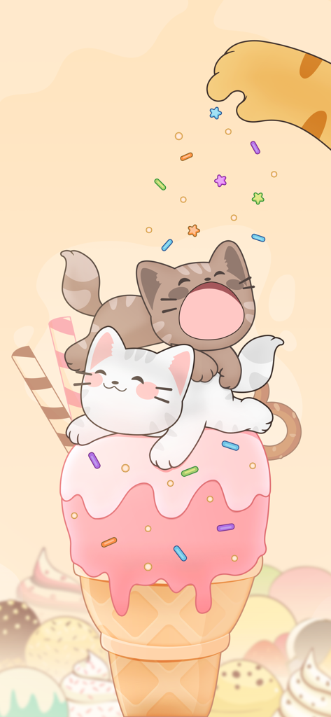 Duet Cats: Rhythm Meow Game - Dois gatos fofos de desenho animado sentados em um cone de sorvete rosa enquanto confeitos em forma de estrela caem de uma pata gigante.