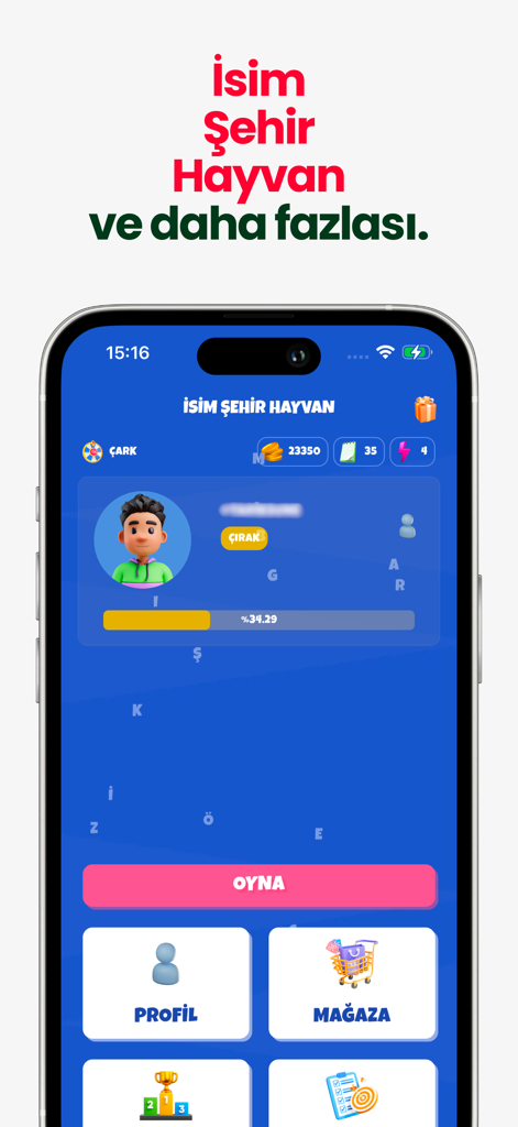 İsim Şehir Hayvan Online - Home screen of the Isim Sehir Hayvan Online word game showing character profile and game navigation buttons