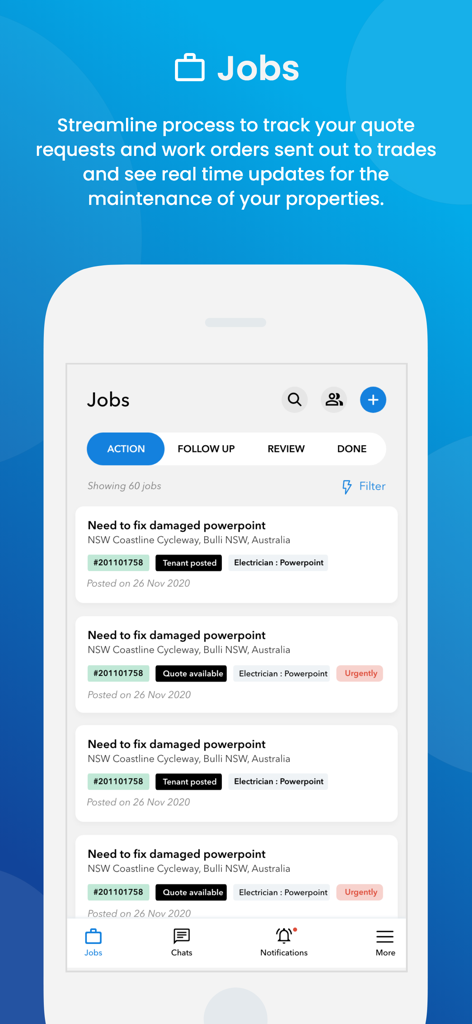 Proptech Labs Property Manager - Proptech Labs Property Manager app Jobs interface showing maintenance tracking and work orders for property managers.