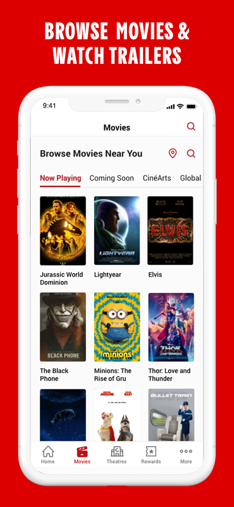 The browse movies screen of the Cinemark Theatres app showcasing current film titles