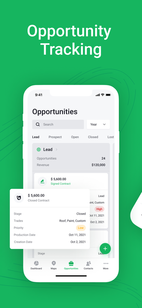 Hail Trace - Hail Trace app screenshot showing sales opportunity tracking for roofing and restoration leads