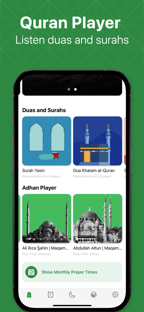 Interfaccia del lettore del Corano nell'app Namaz che mostra le sezioni per Dua, Sure e registrazioni Adhan.