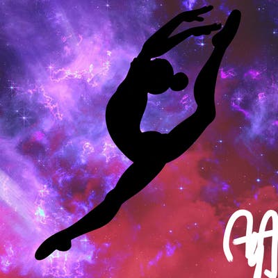 gymnast doing a leap in a leotard with a bent back leg