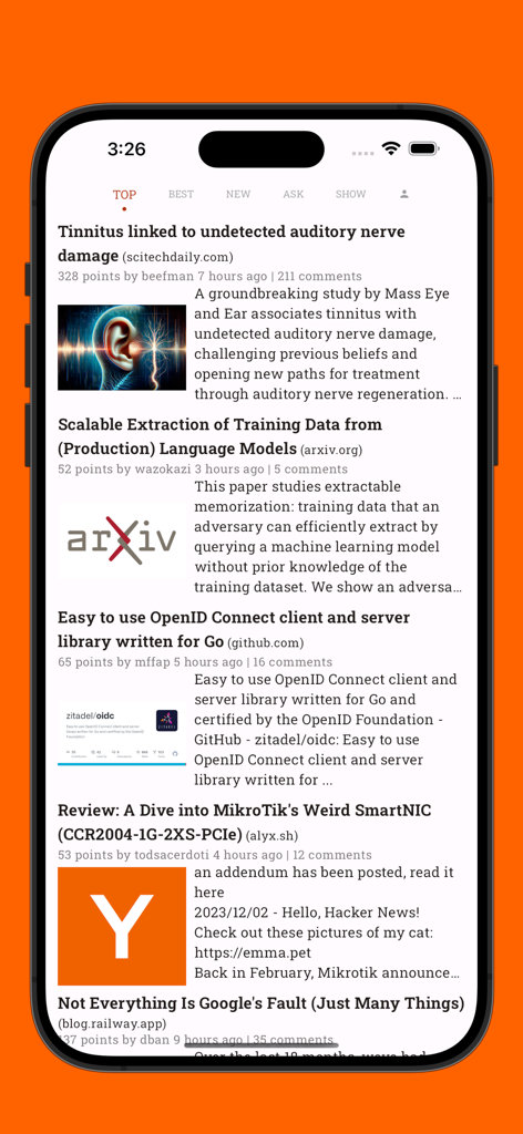 A list of top tech and science articles on the Hacki for Hacker News mobile app