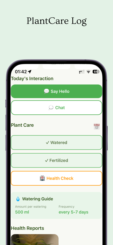 Plant Friend - Interfaz de la aplicación móvil que muestra un registro de cuidado de plantas con chat de IA y rastreador de riego.