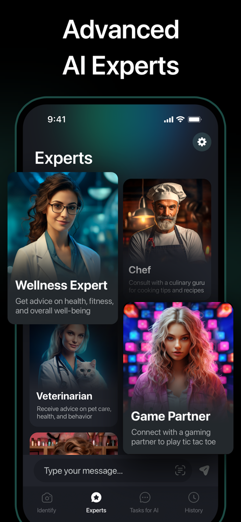 AI Expert - Chatbot Assistant - AI Expert app screen displaying specialized chatbot personas like Wellness Expert Chef and Veterinarian
