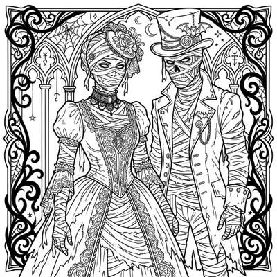 Unleash your creativity with this captivating coloring page featuring a reanimated mummy couple dressed in elaborate Gothic Victorian fashion. Explore intricate details and dark elegance, perfect for a mysteriously delightful coloring session.