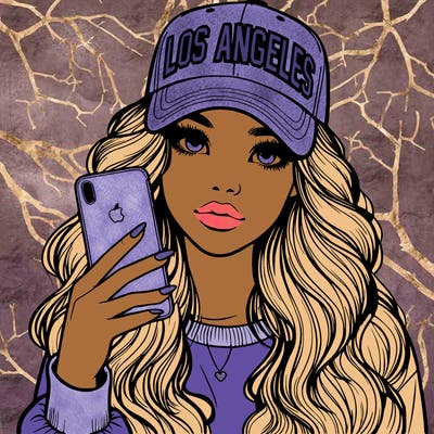 realistic beautiful girl wearing los ángeles cap holding an iphone