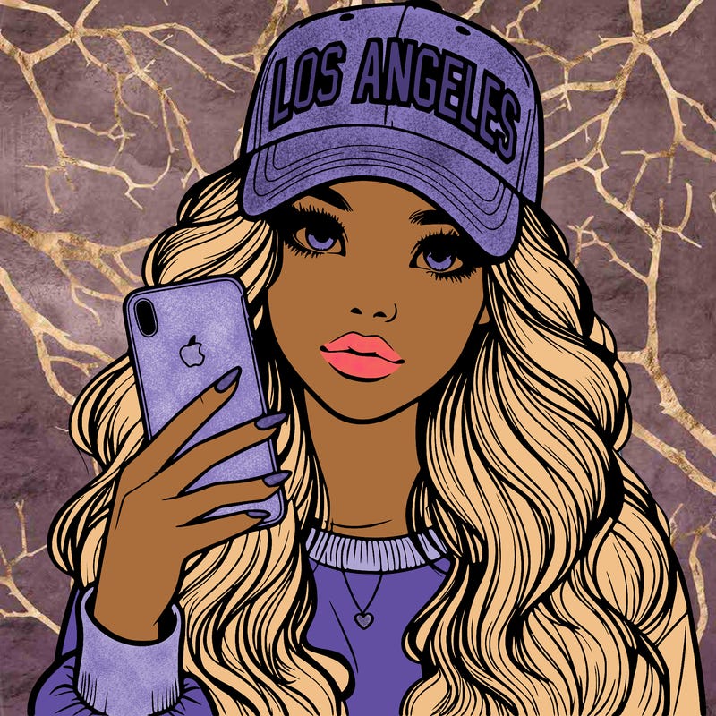 realistic beautiful girl wearing los ángeles cap holding an iphone
