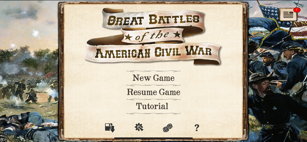 American Civil War Battles - 歴史的な戦闘アートワークとゲームオプションを特徴とするアメリカ南北戦争バトルゲームのメインメニュー画面