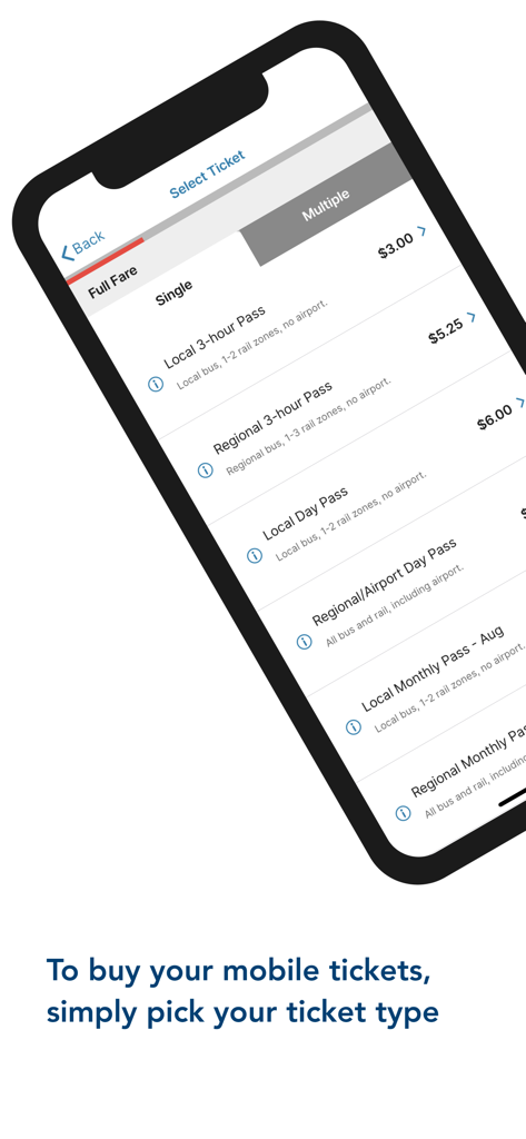 RTD MyRide - A mobile app screen displaying various RTD ticket options and prices for Denver public transportation.