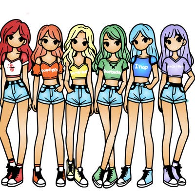 a group of girls wearing crop tops and shorts