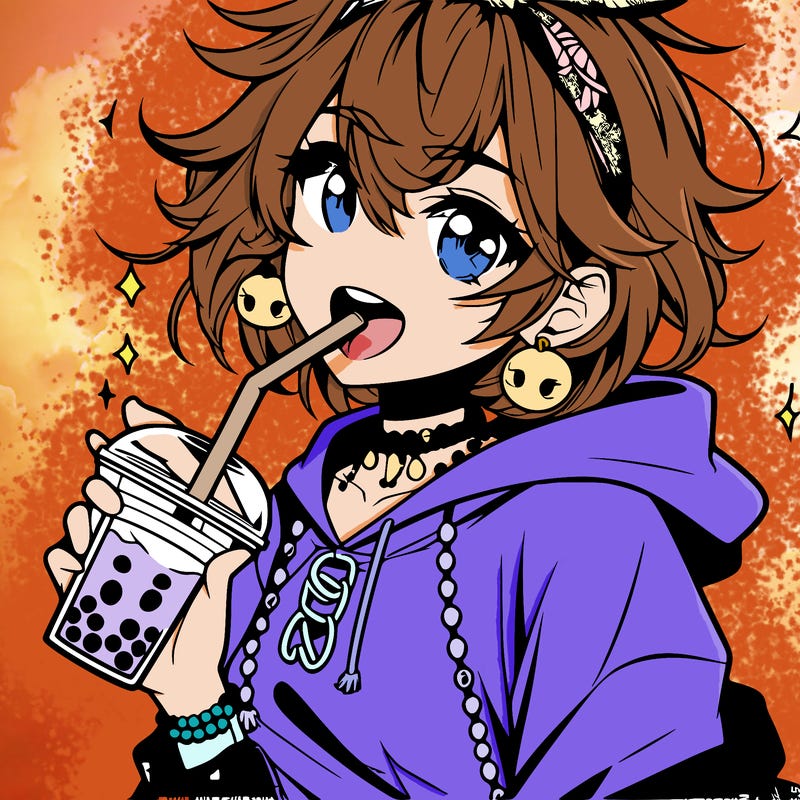 hot baddie anime girl drinking boba and biting the straw