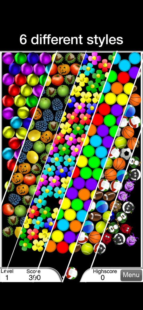 Bubble Mags - bubble shooter - Captura de pantalla de Bubble Mags mostrando seis estilos de diseño de burbujas diferentes, incluyendo frutas, flores y pelotas deportivas
