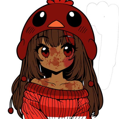 anime girl with chick shaped hat with sweater with bare shoulders with bangs covering them one eye with low tail