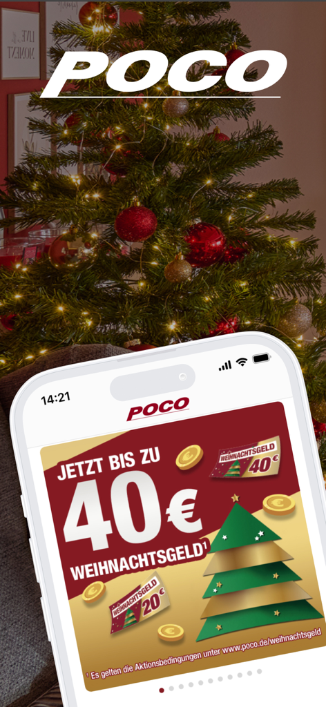 POCO I Möbel, Deko & Prospekte - A smartphone displaying the POCO app with a festive Christmas promotion offer for up to 40 euros discount
