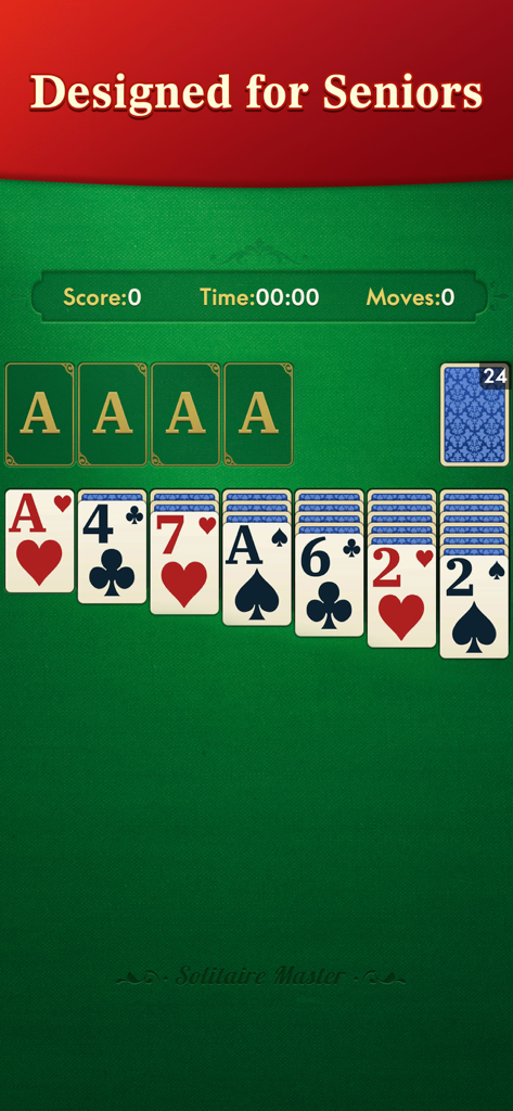 Solitaire Master - Classic - Solitaire game interface with large cards and a header saying Designed for Seniors