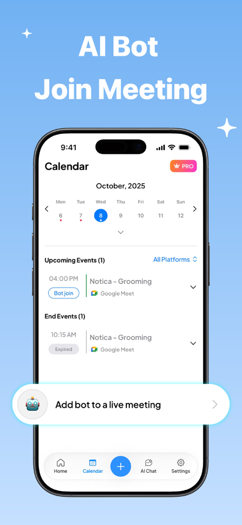 Notica - AI Meeting Notes - Interface de l'application Notica montrant la vue calendrier et la fonction de participation aux réunions du bot IA.