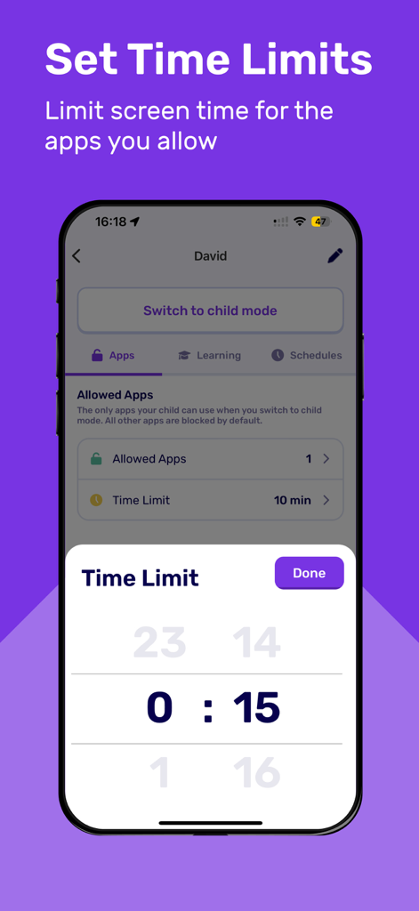 Interfaccia dell'app Suzy che mostra un selettore di limiti di tempo impostato su 15 minuti per un profilo bambino