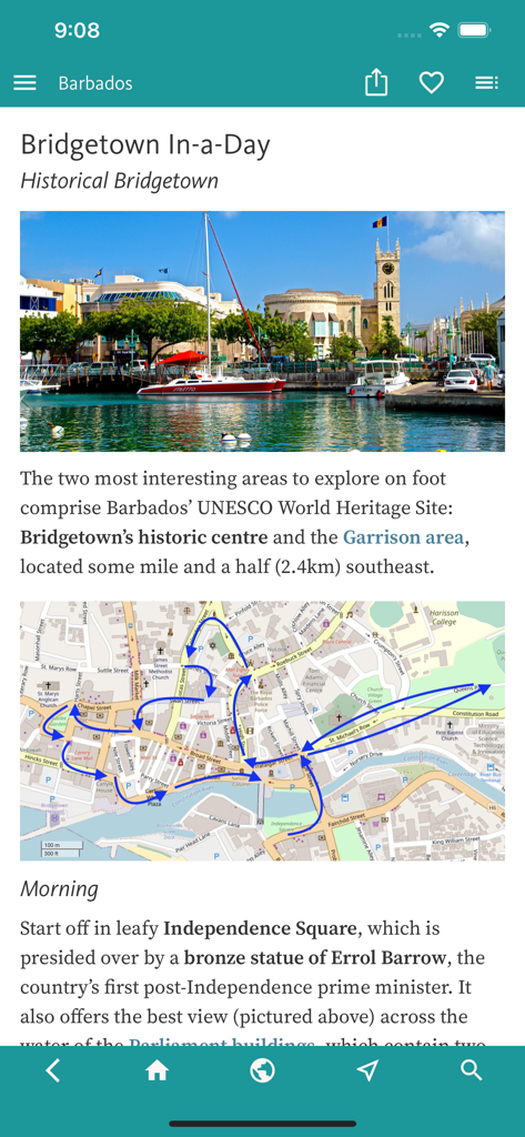바베이도스 여행 가이드 앱 내 브리지타운 도보 투어 일정 및 지도