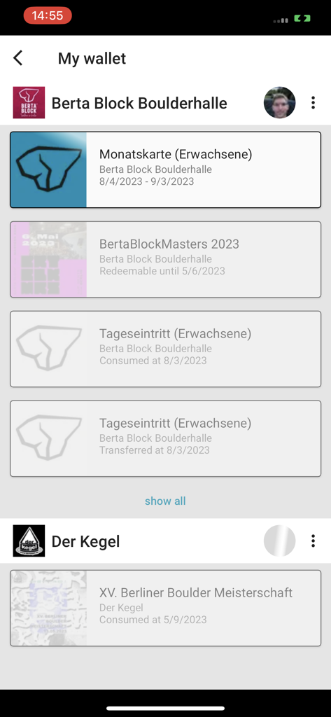 BETA7 - BETA7 app digital wallet screen showing bouldering gym memberships and event tickets