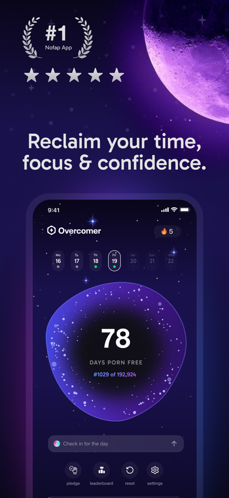 Overcomer - Quit Porn Now - Overcomer app dashboard displaying a 78 day porn free streak with a celestial theme