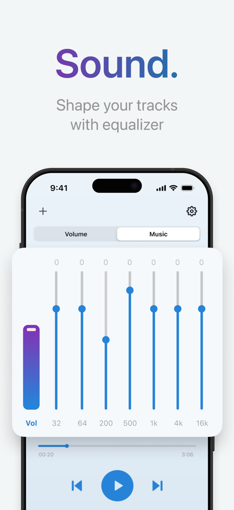 Uma tela de smartphone mostrando um equalizador multibanda para amplificação de som e personalização de áudio