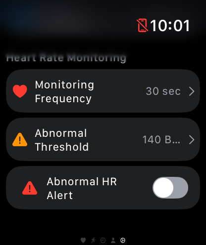 watchHR - Apple WatchのwatchHRアプリ設定インターフェースで、心拍数モニタリング頻度と異常アラートしきい値を表示