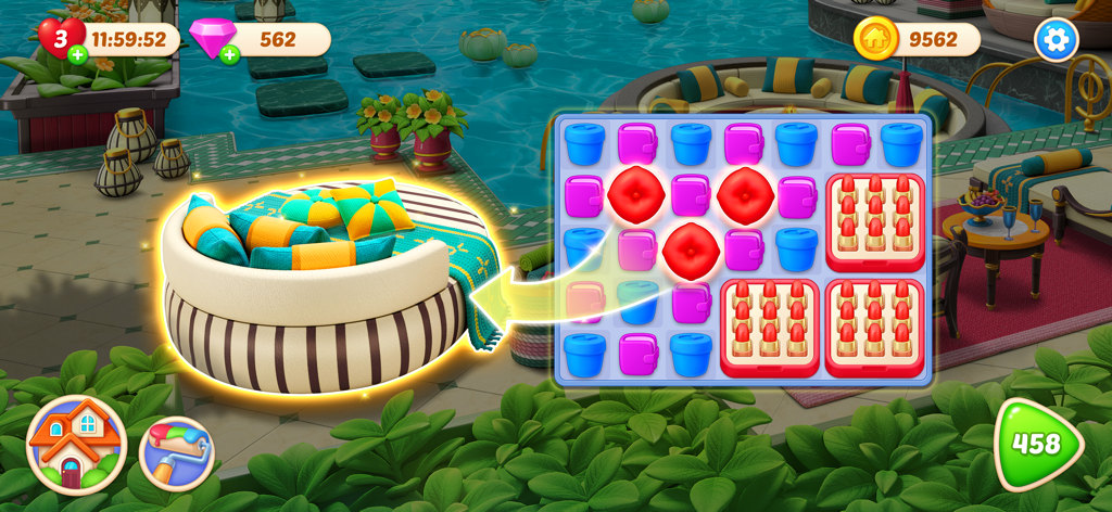 Makeover Master - Home Design - Match 3 puzzle board and poolside daybed decoration in Makeover Master