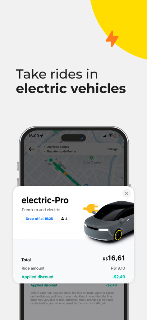 Interface de l'application 99 affichant l'option de trajet en véhicule électrique premium electric-Pro avec le prix et les détails du trajet